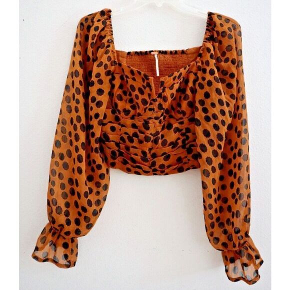 Free People OB1672934 Women's Sz S Brown Leopard Print Parker L/S Crop Top - Picture 1 of 7